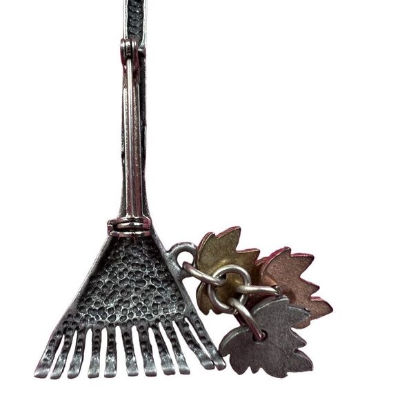 Adorable Fall Pin with Rake and Dangling Leaves - Picture 2 of 4